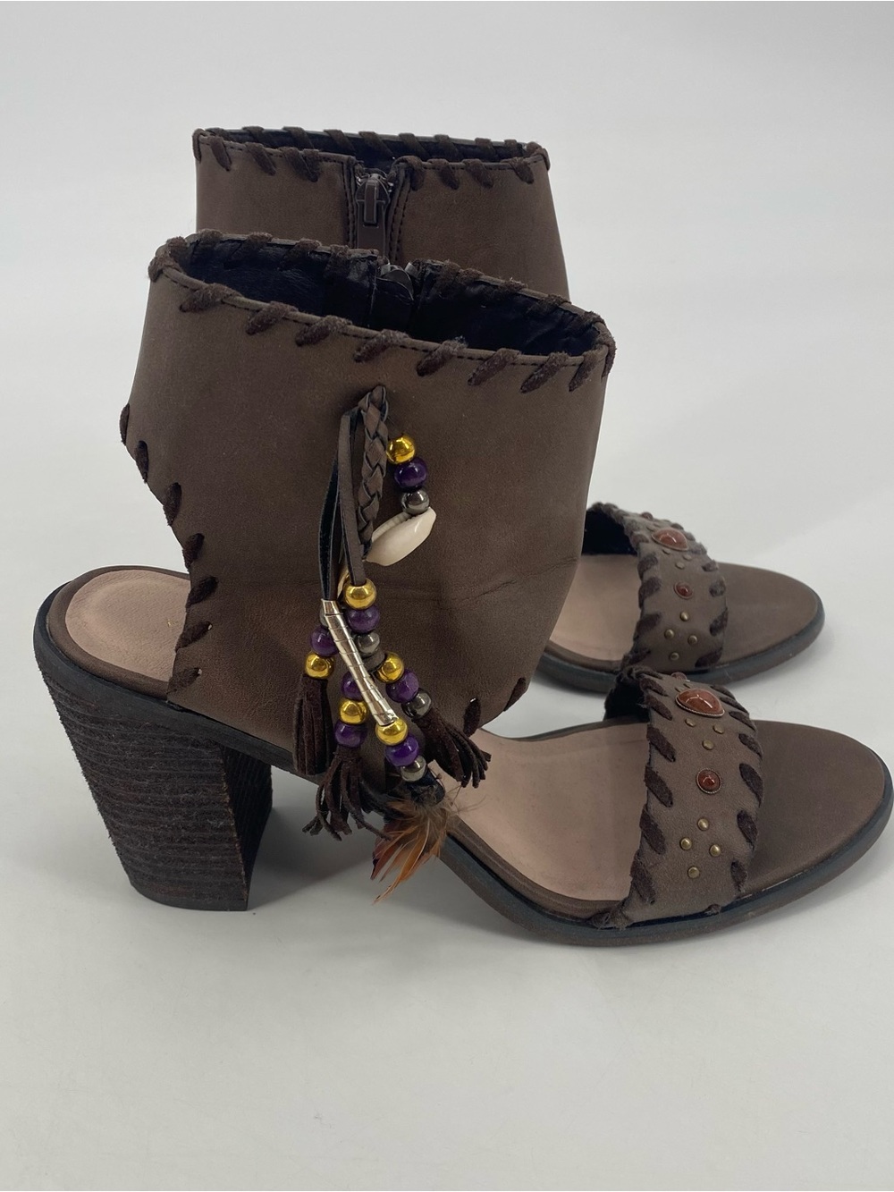 Very Volatile Women's Size 9 Heeled Sandal Brown Beaded Fringe Southwestern
